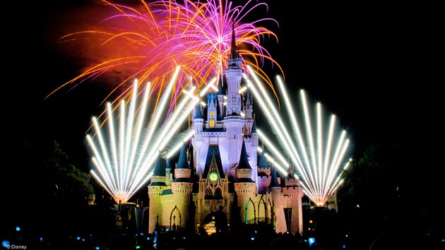 A fireworks display over Cinderella Castle at Magic Kingdom Park in Florida